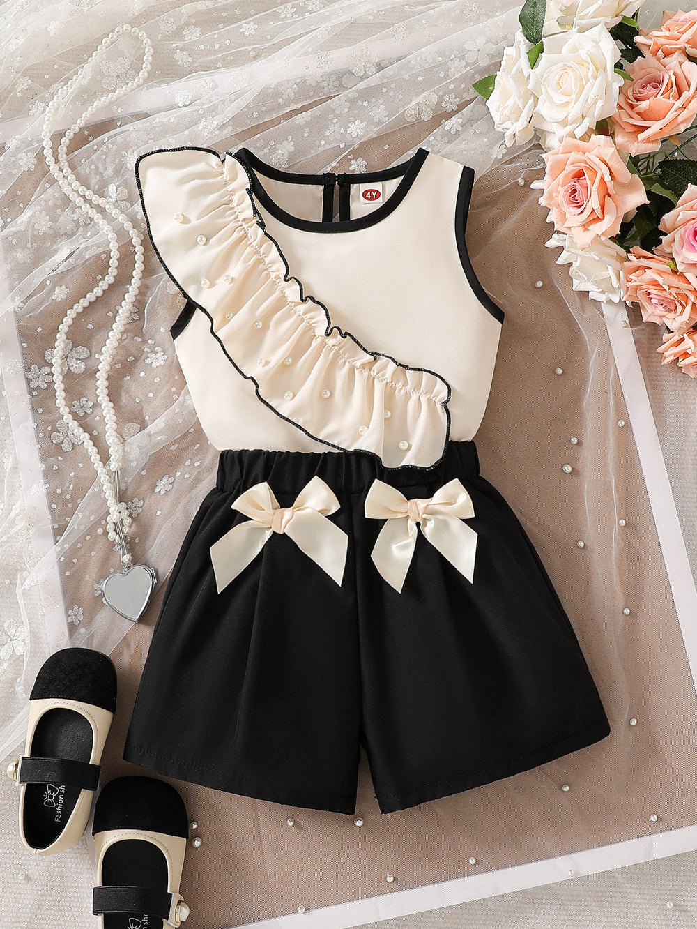 cross-border girls' fashion set: european & american style ruffle-trim top + bowknot shorts two-piece outfit
