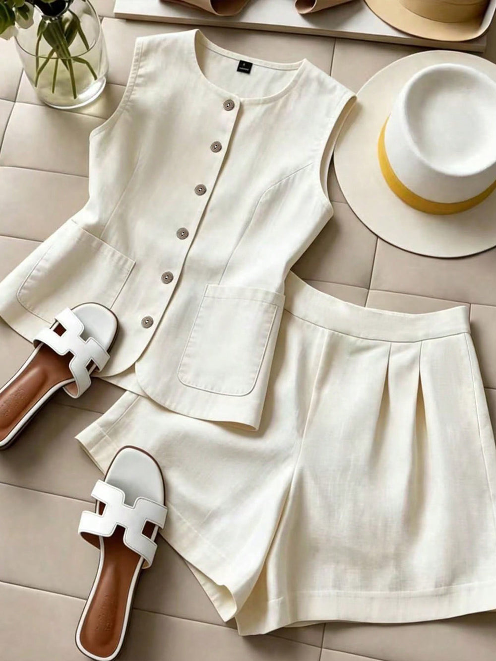 fashion  summer new arrival off-white sleeveless vest and shorts set - minimalist, commute-ready, and chic two-piece outfit