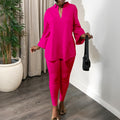 D535 women's foreign trade outfit:  autumn/winter fashion, solid color plus size v-neck long sleeve top and pants african style set