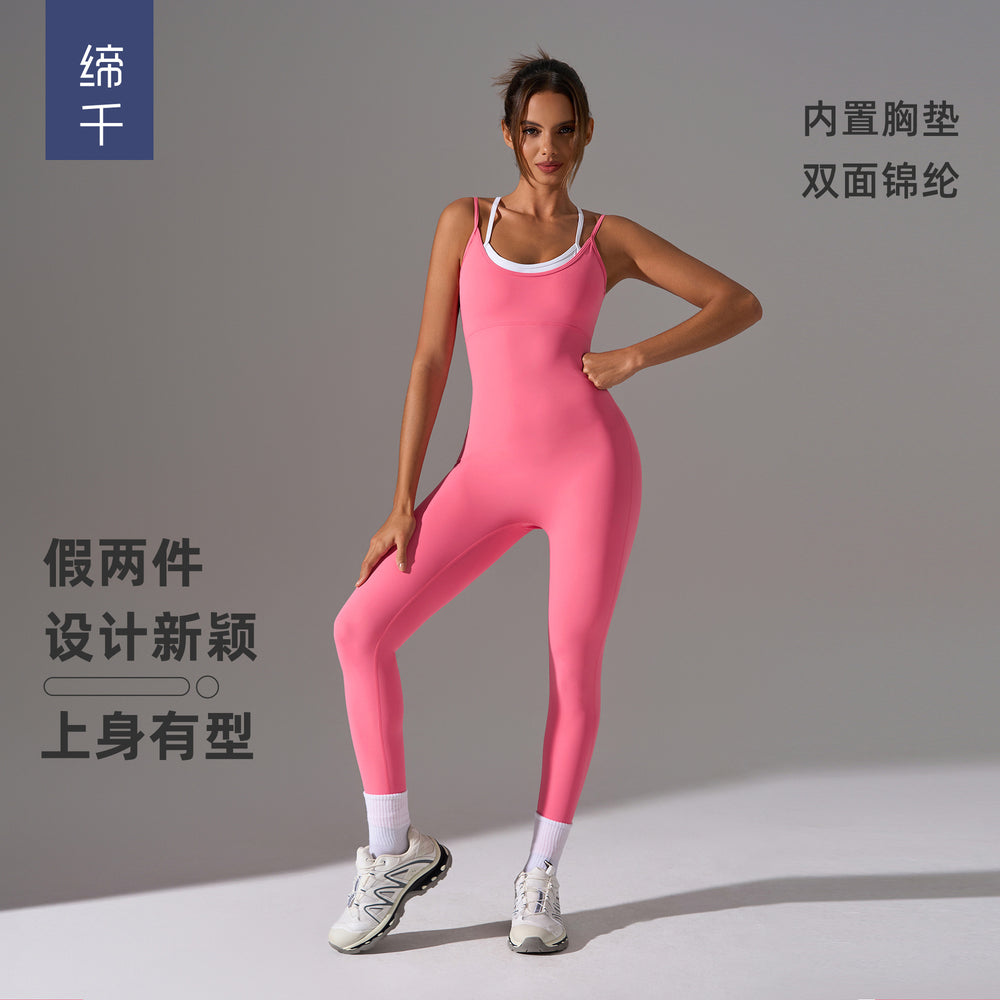 European and american cross-border fake two-piece suspender yoga suit one-piece sexy back lifting butt fitness jumpsuit women dlt015