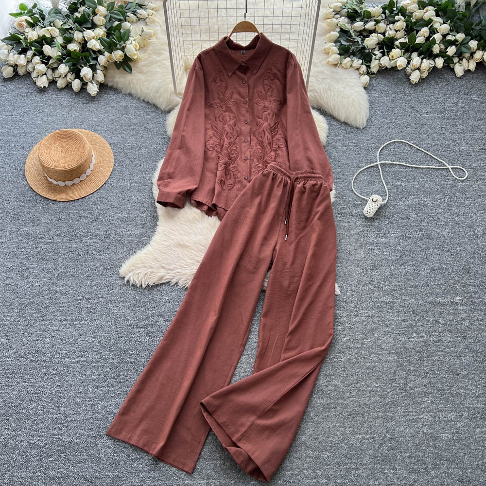 Lazy style casualfashion heavy industry embroiderlooselong sleevesshirt women's high waistslimming lookloose pantsautumsuit