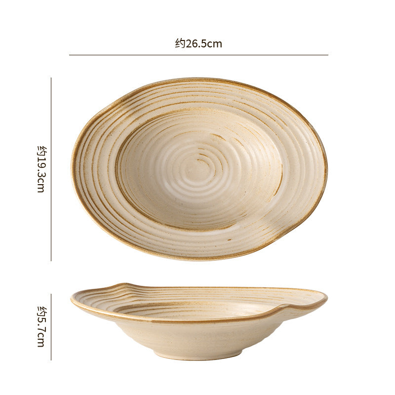 Spiral pattern rustic ceramic soup plate, vintage high-end ceramic salad plate, home restaurant food presentation deep dish pasta plate