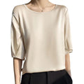 Faux silk five-sleeve t-shirt for women - new summer collection, elegant and relaxed fit, mid-sleeve tee, crew neck top