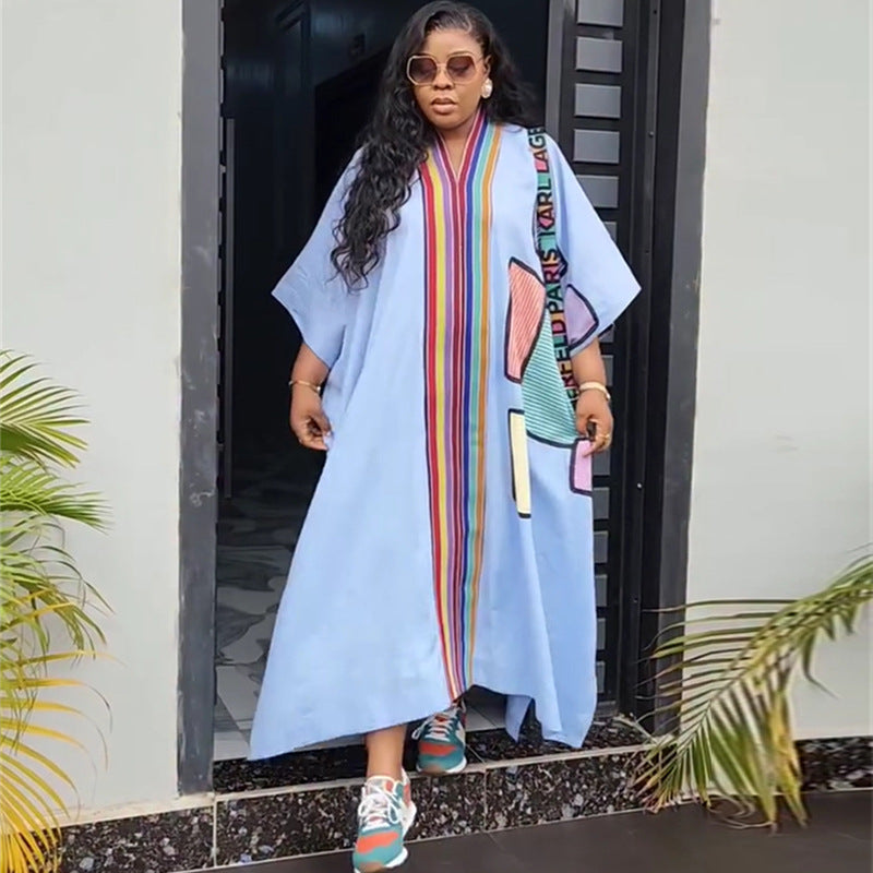European and american cross-border african women's clothing  spring new arrival: elegant plus size printed loose v-neck robe dress