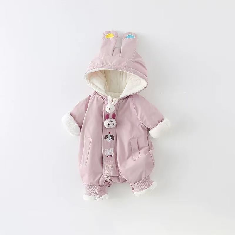Baby girl winterfleece-lined jumpsuit winter thickenedheattech cartoon cute jacket climbing suit hooded khaki