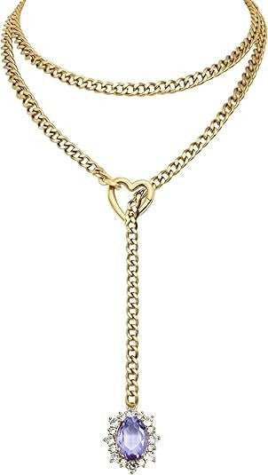 Women's heart-shaped slide chain necklace with detachable heart o-ring, gold cuban chain, and sparkling crystal pendant, adjustable