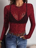 Amazon fashion women's cut outsee-through t-shirt long sleevespulloverfashion leopard print silm bottom shirt tops