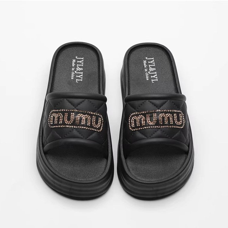 Women's summer slides 2026 new fashion rhinestone platform chunky sole height increasing non-slip beach thong sandals