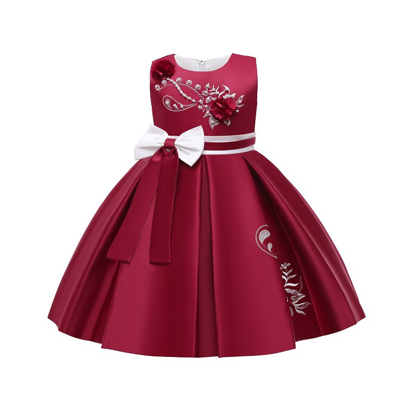 Export children's wear kids' formal dress princess dress girls' color block bow embroidered vest piano performance dress