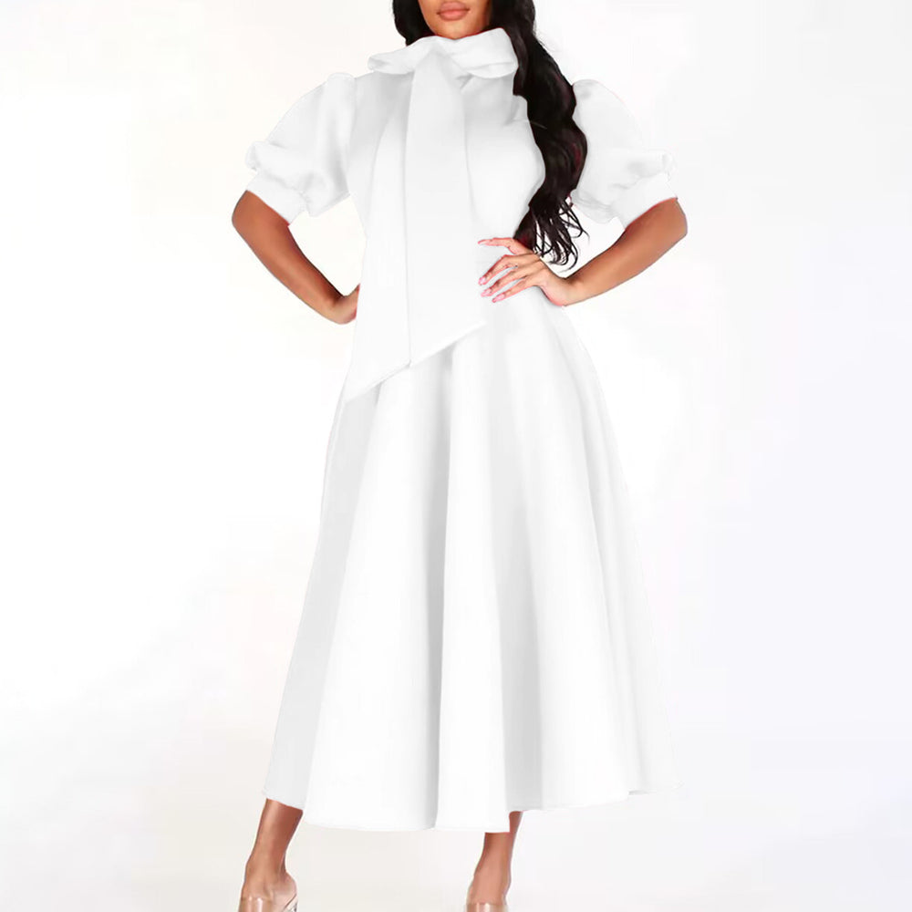 fashion  spring and summer elegant puff sleeves pure color sense of design waist tie back long skirt exportdress