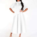 fashion  spring and summer elegant puff sleeves pure color sense of design waist tie back long skirt exportdress
