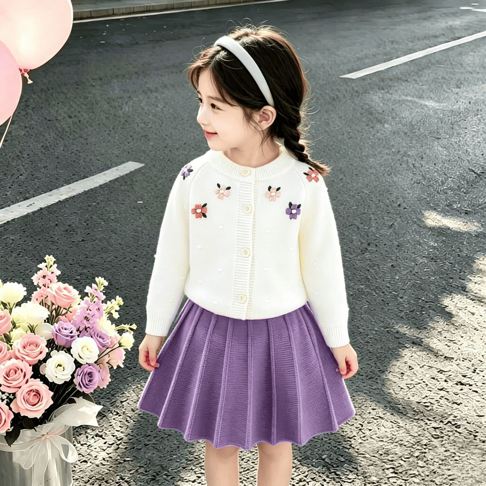 Girls' sweater set: korean style 3d floral purple knit cardigan,  trendy long-sleeve two-piece sweater set