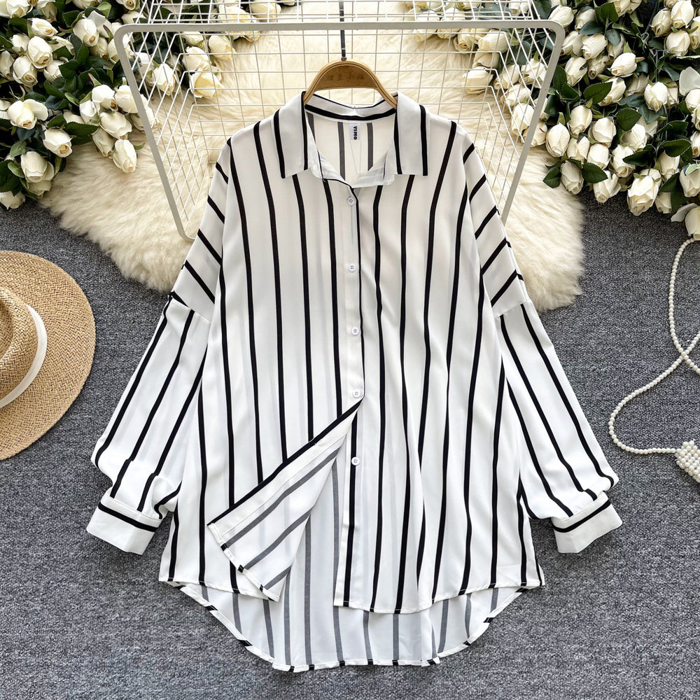 Long-sleeved striped shirt - women's autumn new arrivals, european & american style, casual, versatile, loose fit, slimming, mid-length, plus size, trendy blouse