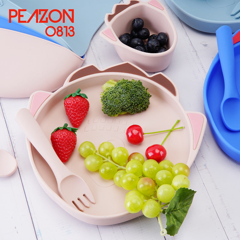 Customized silicone plate set, anti-drop baby bowl saliva pocket, multi-color cute style children's tableware set