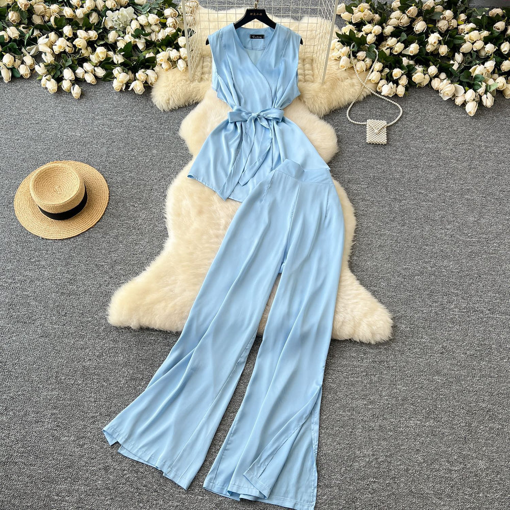 Light mature style summer dress for women new arrivalsense of design strap waist sleeveless satintopshigh waist slit mop pants pants