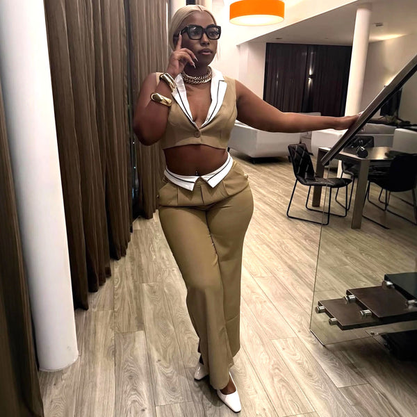 European and American fashionable and sexy women's clothing lapel short sleeveless top African high-waisted splicing contrasting trousers new suit