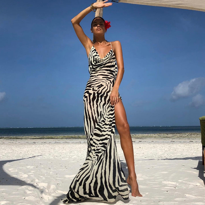 European and american cross-border  new women's fashion zebra print high slit tie-up see-through sexy vacation dress