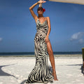 European and american cross-border  new women's fashion zebra print high slit tie-up see-through sexy vacation dress