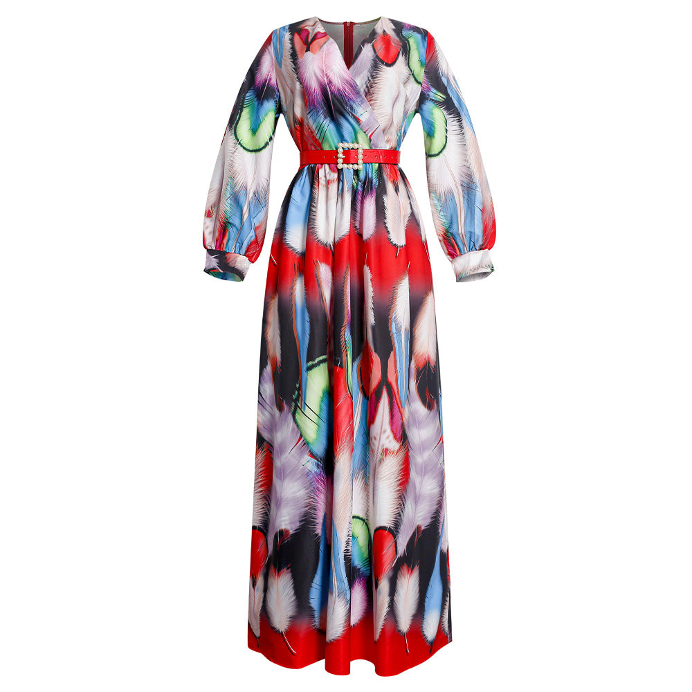 Kayaat clothing new arrival waist slimming look tall and slim oversized graffiti chiffon v neckdress african women's clothing plus size