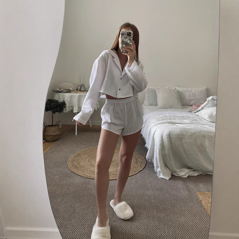 European and American casual women's clothing fashion v-neck long-sleeved cardigan shorts set sexy shorts set women
