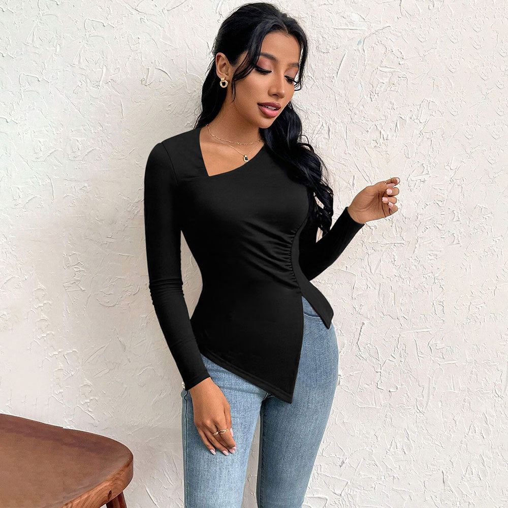Amazon cross-border fashion women's elegant asymmetrical neckline t-shirt - spring/summer new arrival, versatile commute long sleeve top