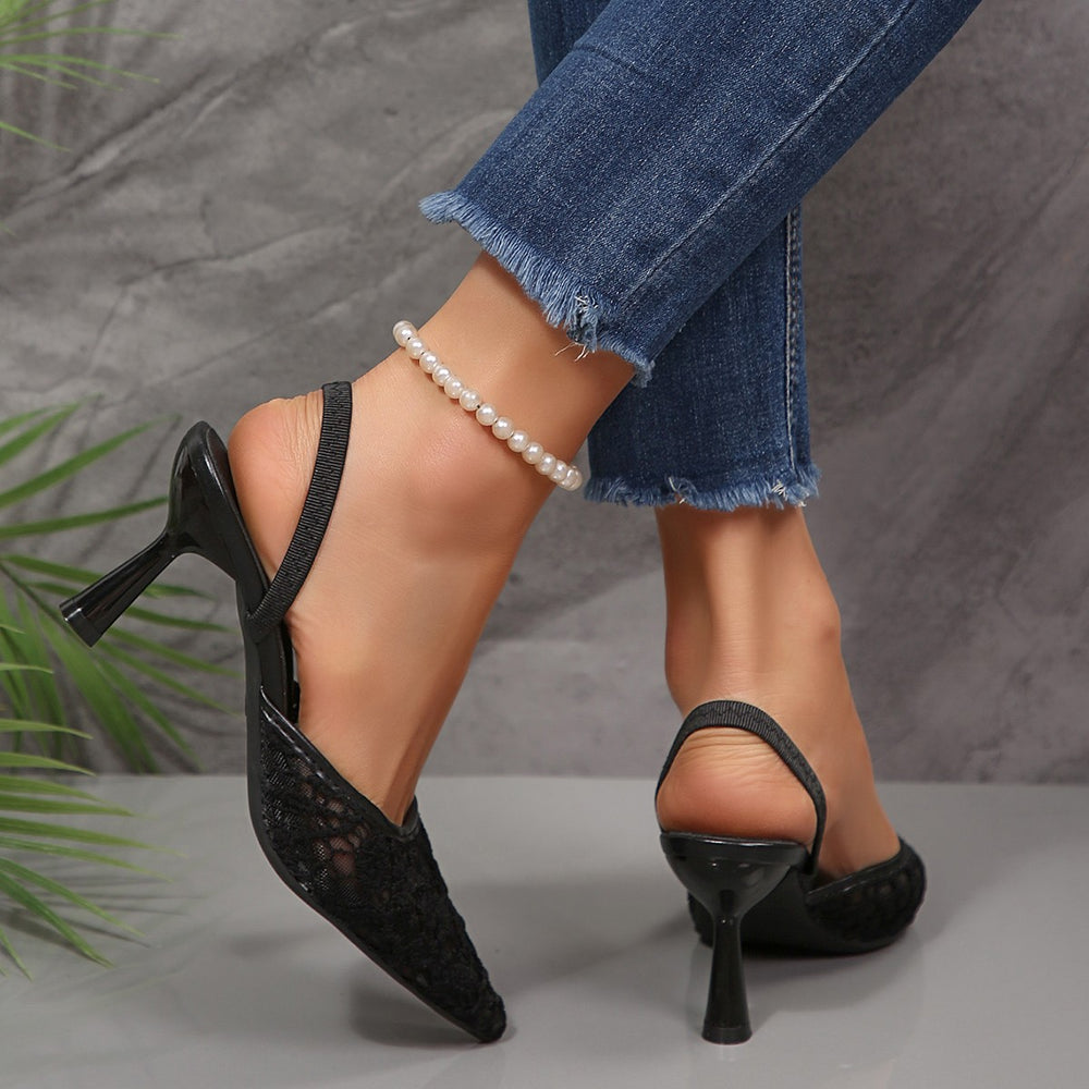 High heels for women 2026 spring and summer new arrivalfrench toe-cap half-slippers elegant pointed toe lace mesh stiletto slippers for women