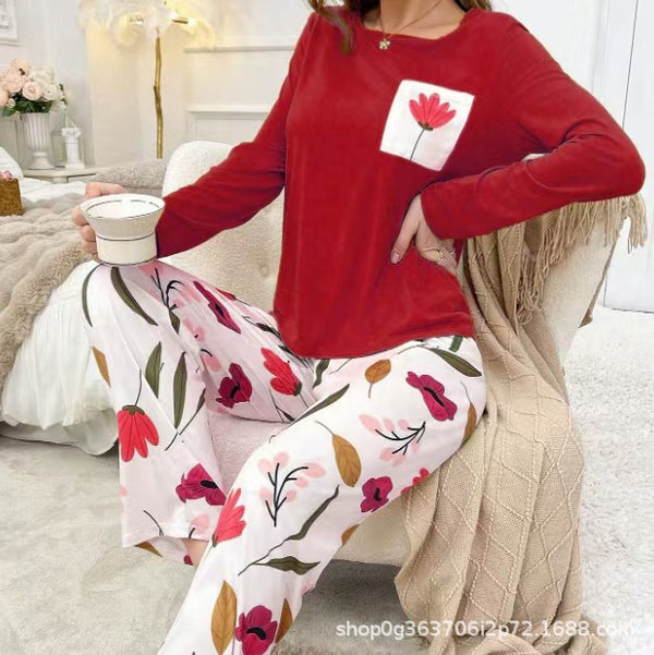 European and American   long-sleeved trousers loose casual pocket printed T-shirt top women's suit set