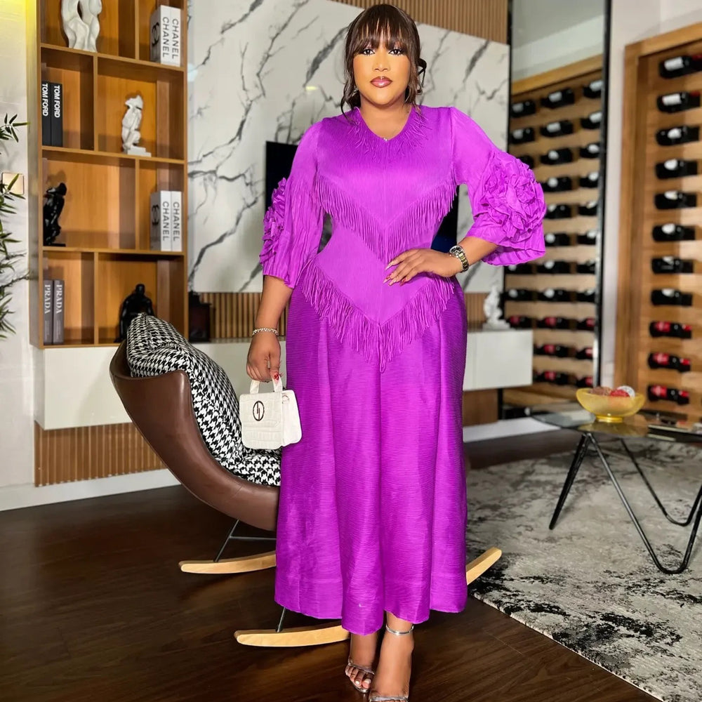 European court style women's dress - designer tassel v-neck slim fit maxi dress with miyake-inspired pleats and flared sleeves