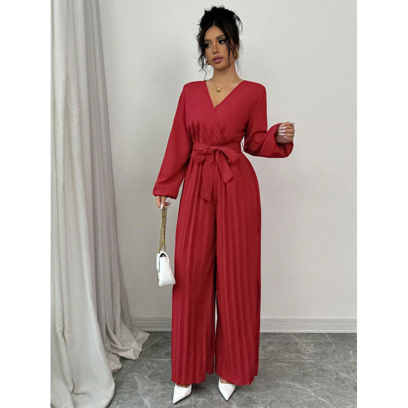 Real shot export1688fashion puff sleeve v neck tie waist pleated wide leg jumpsuit