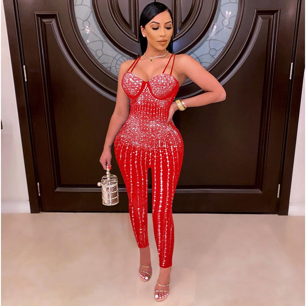 S390250  Cross-border Foreign Trade Fashion Sexy Mesh Perspective Hot Diamond Sleeveless Suspender Jumpsuit Women
