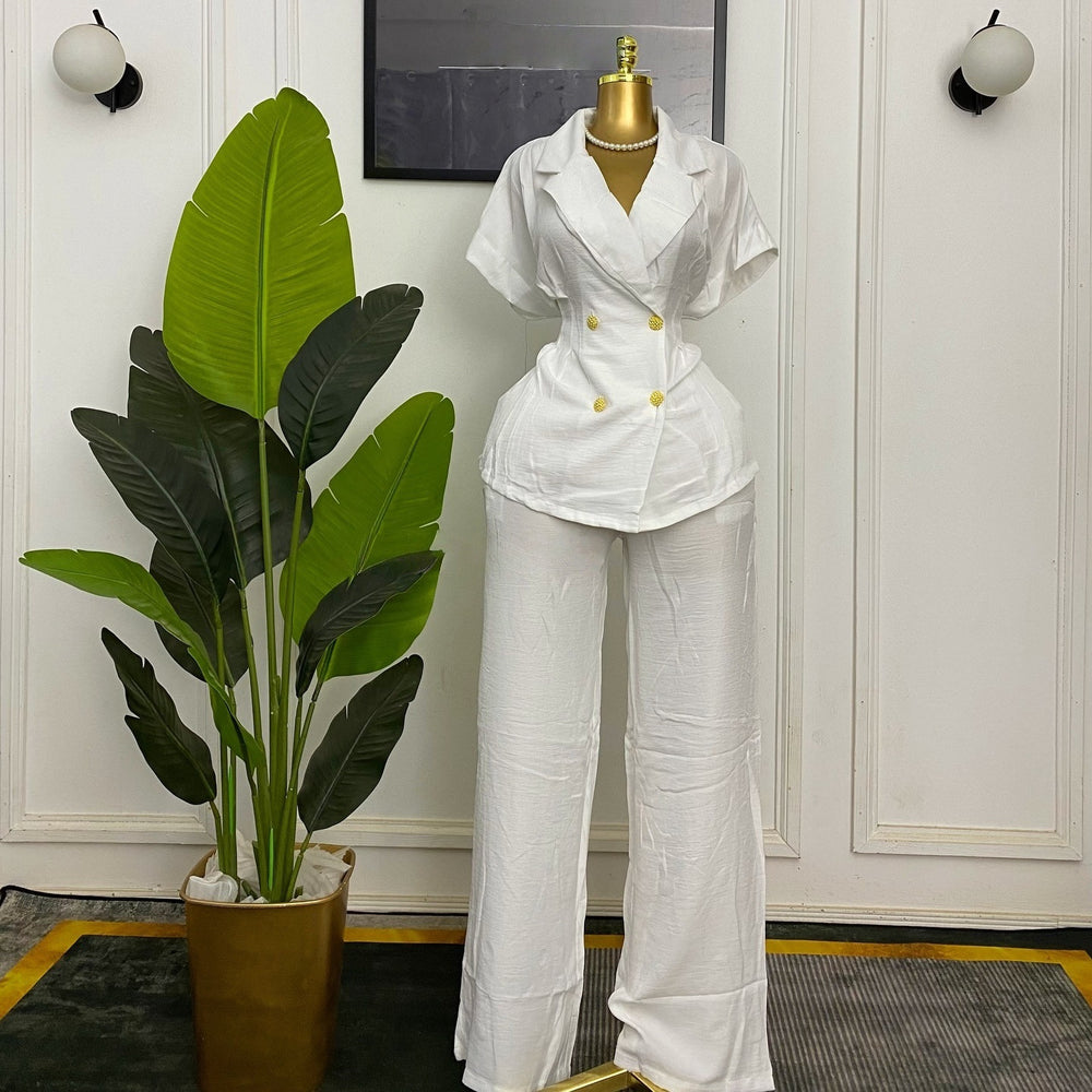 European and american cross-border women's fashion  summer new arrival: elegant turn-down collar, cinched waist, short-sleeve shirt and wide-leg pants casual set