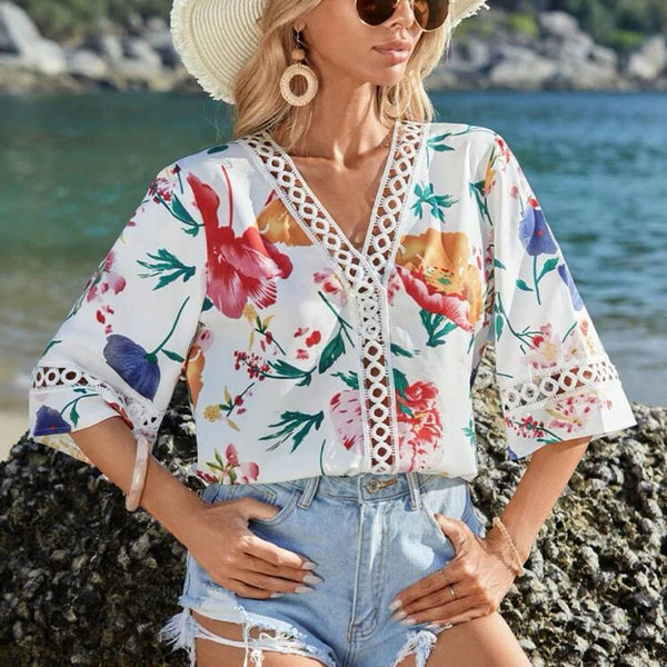 European and American  new Dong silk lace vacation style v-neck bat sleeve printed casual T-shirt top chiffon shirt