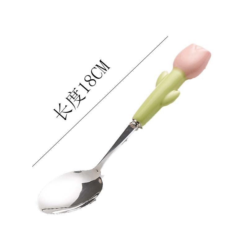 Simple 304 stainless steel kids knife, fork and spoon combination, high-looking spoon, tulip ceramic handle, steak knife
