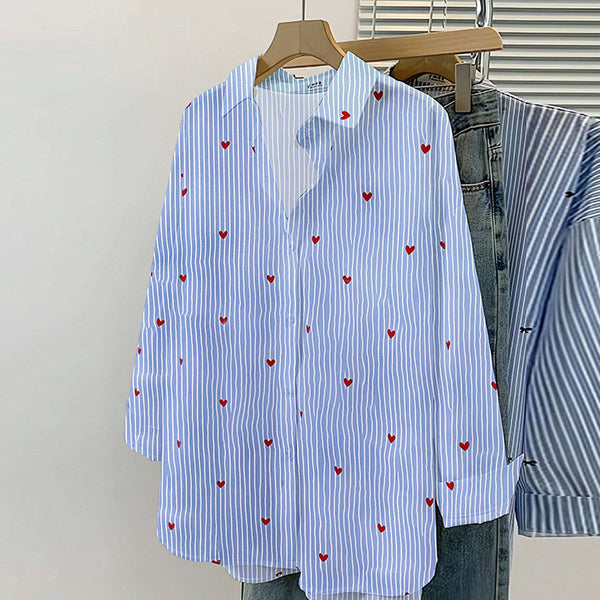 Ruiyu Cross-border  European and American striped long-sleeved shirt women's clothing 2025 autumn commuter style blue shirt cardigan