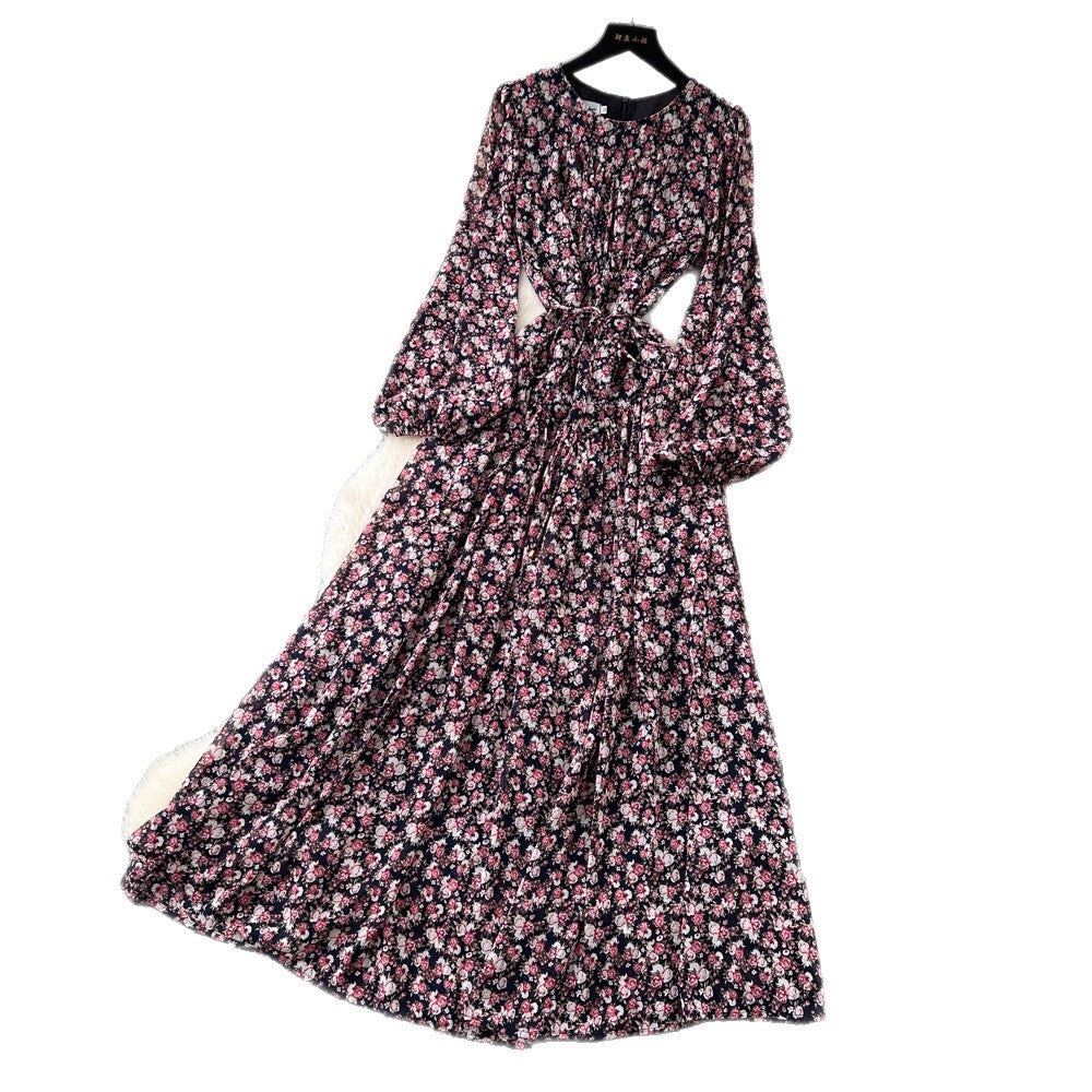 French romantic style printed dress - women's spring/autumn slimming a-line pleated flowy maxi dress - commute chic
