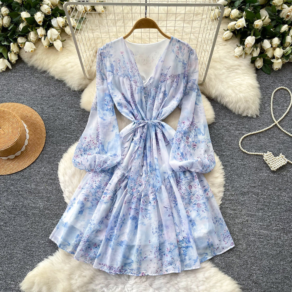 French riviera style pink floral v-neck dress - women's summer korean style long sleeve a-line dress with slimming waist design