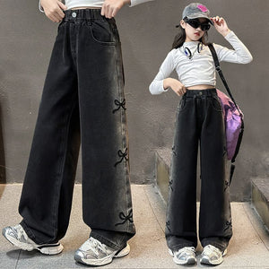 Girls' spring/autumn denim pants - korean style, new trendy design, popular online, mid-to-large size kids' wide-leg trousers, versatile casual long pants
