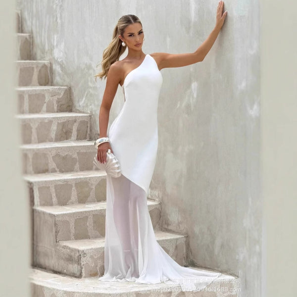 SDM174 temperament single shoulder backless splicing fishtail dress simple evening dress  supply wholesale DRESS