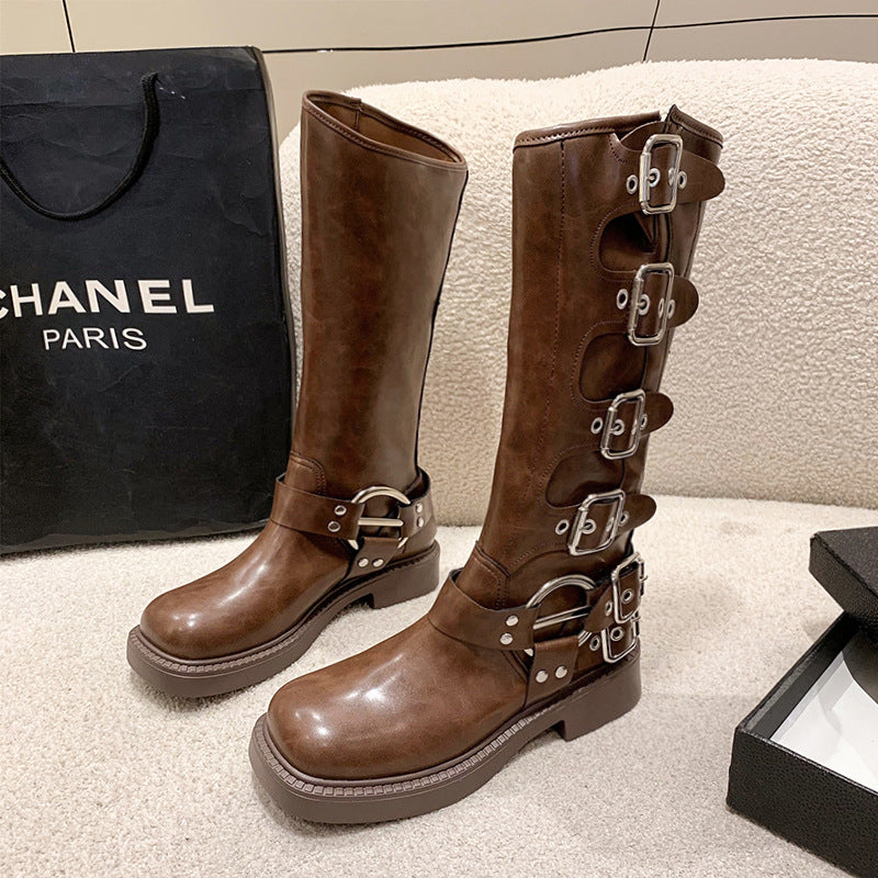 2023 retro women's boots leather thick heel high boots square head knight boots brown high fashion boots