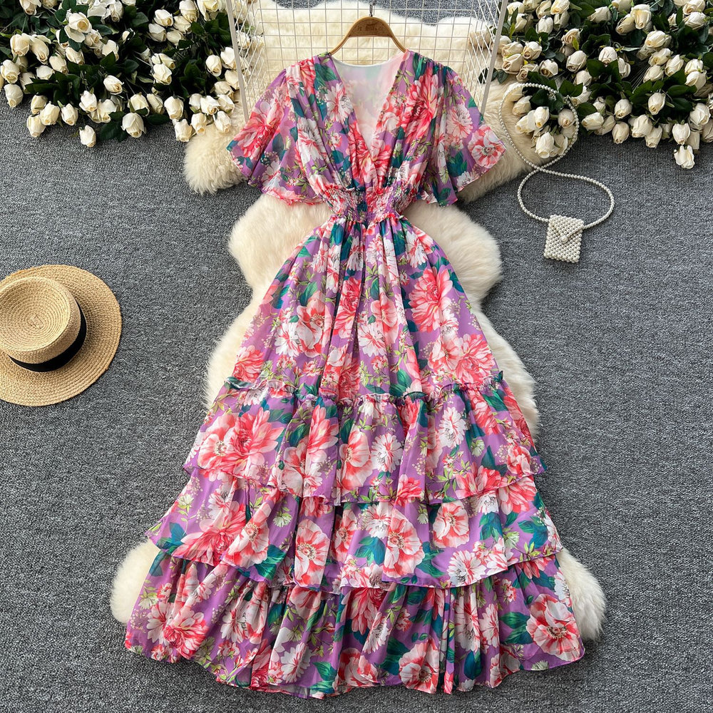 Frenchretrov neckruffle sleeve pleated floral dress women's summerhigh waistslimming look drape chiffon long skirt