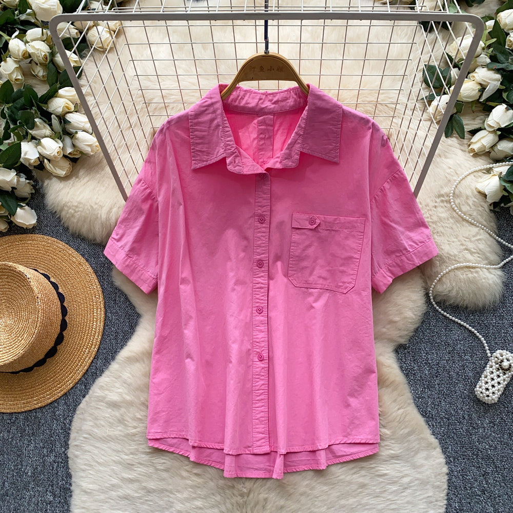 K-stylework clothing style yellow comfortable breathable short-sleeved shirt women's summer lapel looseeasiest for matchslimming looktops
