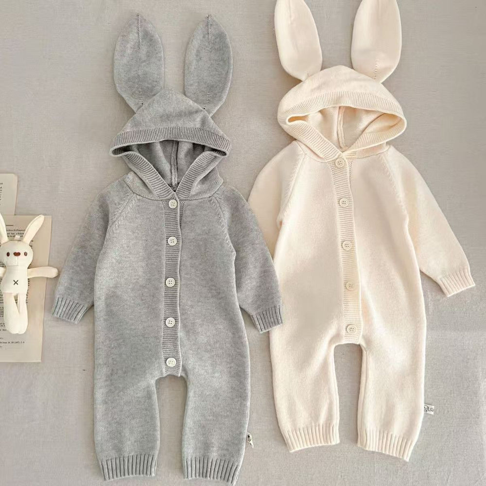 autumn newborn solid color romper cute baby knitted pom-pom hooded crawling suit