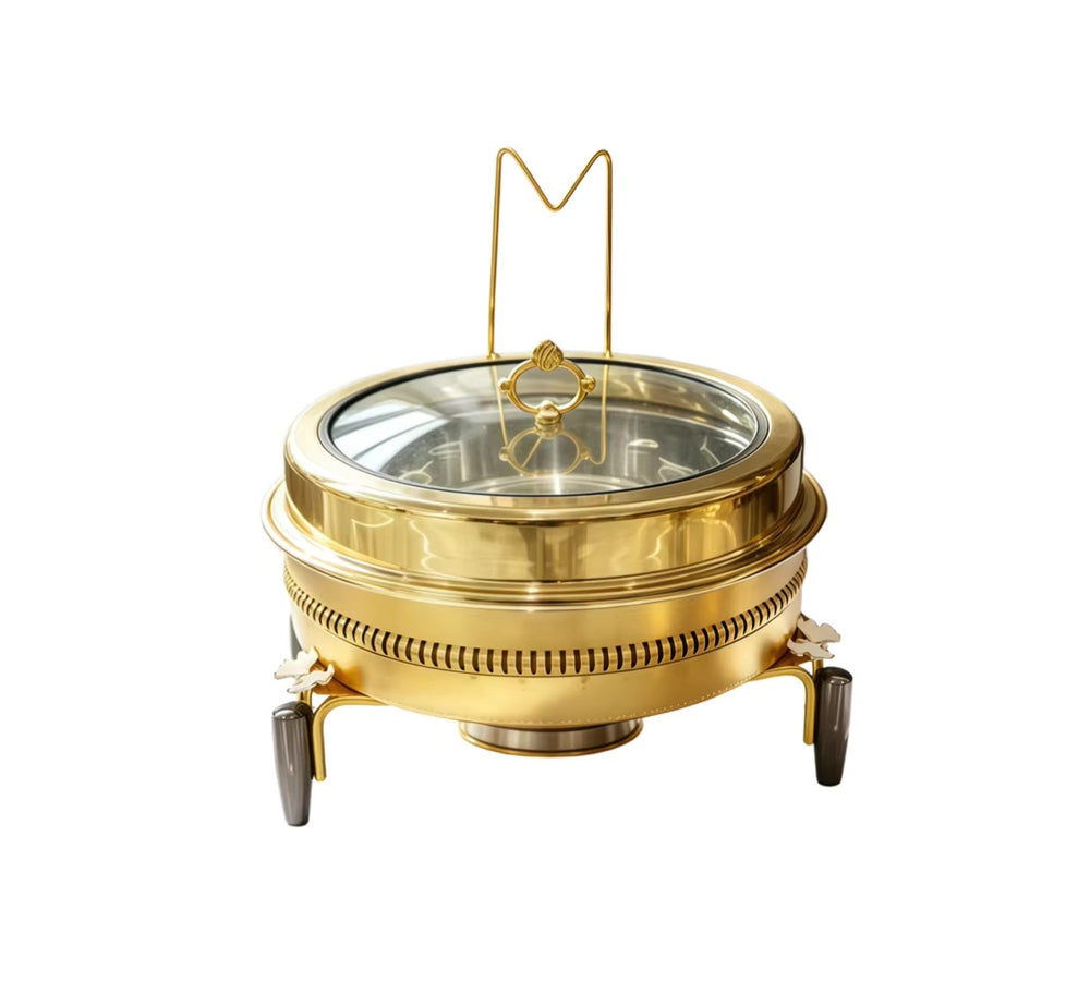 Newly designed stainless steel gold and white 9l thermal pot with alcohol heating, long life and durable hanging lid type food insulation