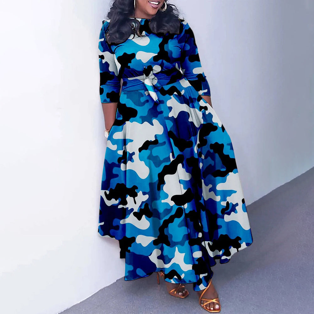 Q100 cross-border women's autumn/winter new fashion long dress - elegant tie-waist printed plus size european and american style dress for export