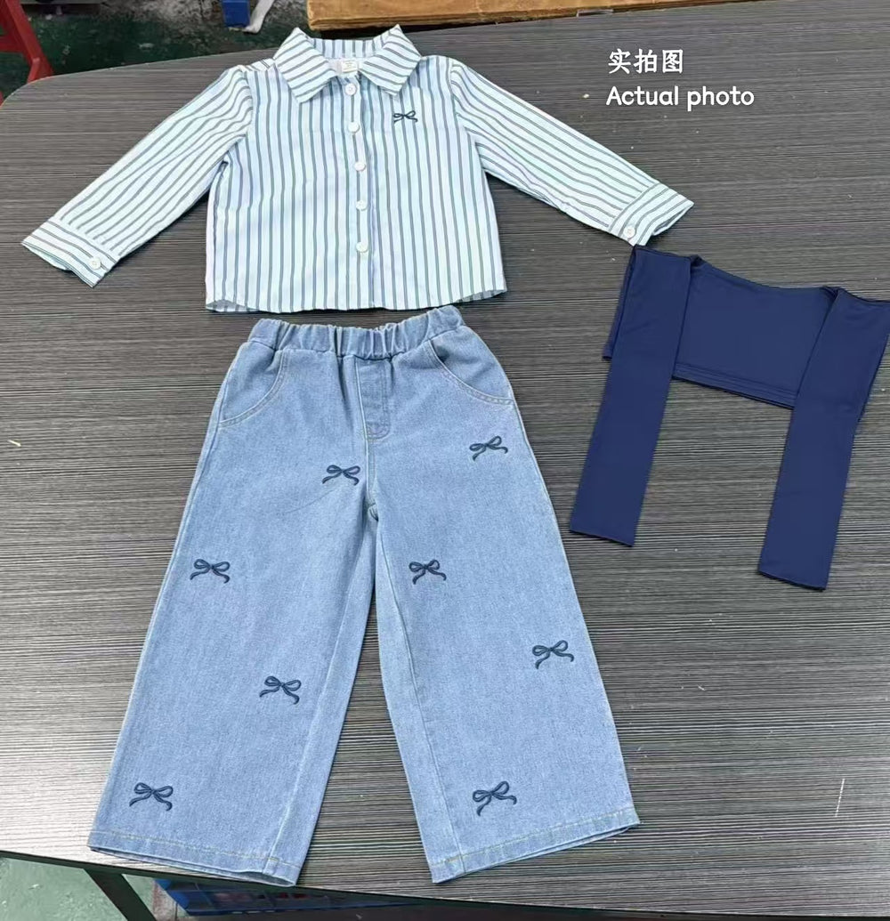 new autumn cross-border girls' collared shirt with color block shawl + embroidered bow denim jeans three-piece set