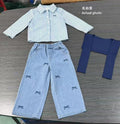 new autumn cross-border girls' collared shirt with color block shawl + embroidered bow denim jeans three-piece set