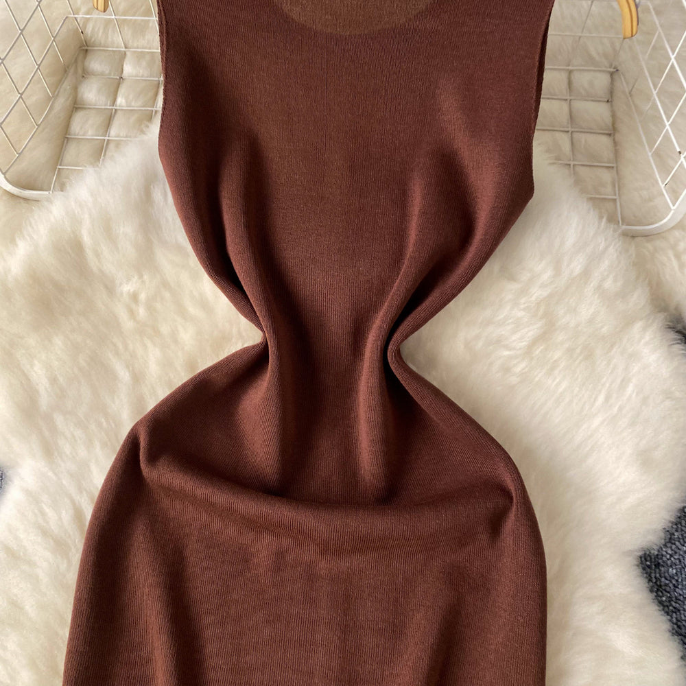 Sense of designfashion round neck sleeveless dress women's summer thin silmslimming look slit hip-covering knitting skirt long skirt