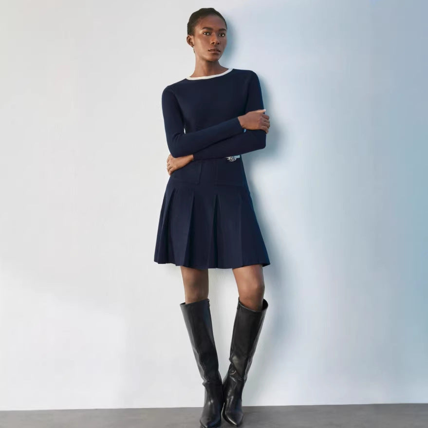 autumn ins women's long sleeves pleated knittingknitting long sleeves high waistdress