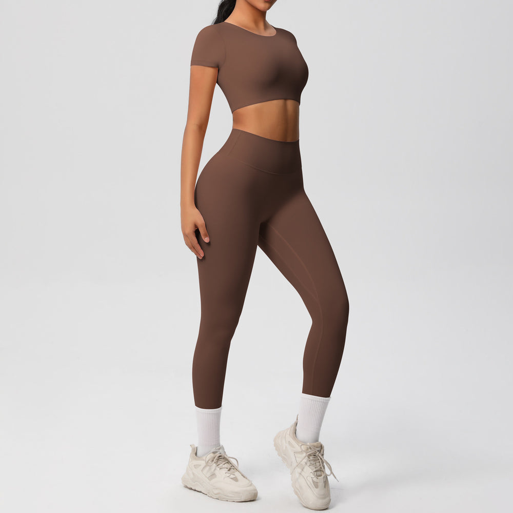 Ready-to-ship cross-border double-sided nylon brushed naked feel tight-fitting activewear yoga set - running & fitness short sleeve two-piece outfit