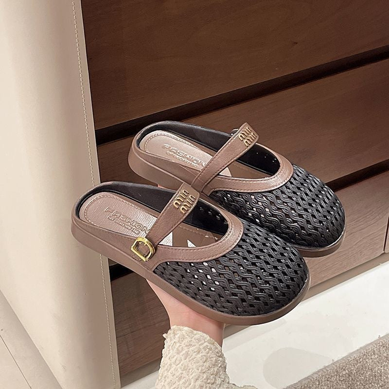 2025 summer new arrival: woven, hollow-out, breathable, minimalist, versatile, casual, comfortable, low-cut, wearable-out, flat, half-slipper women's shoes
